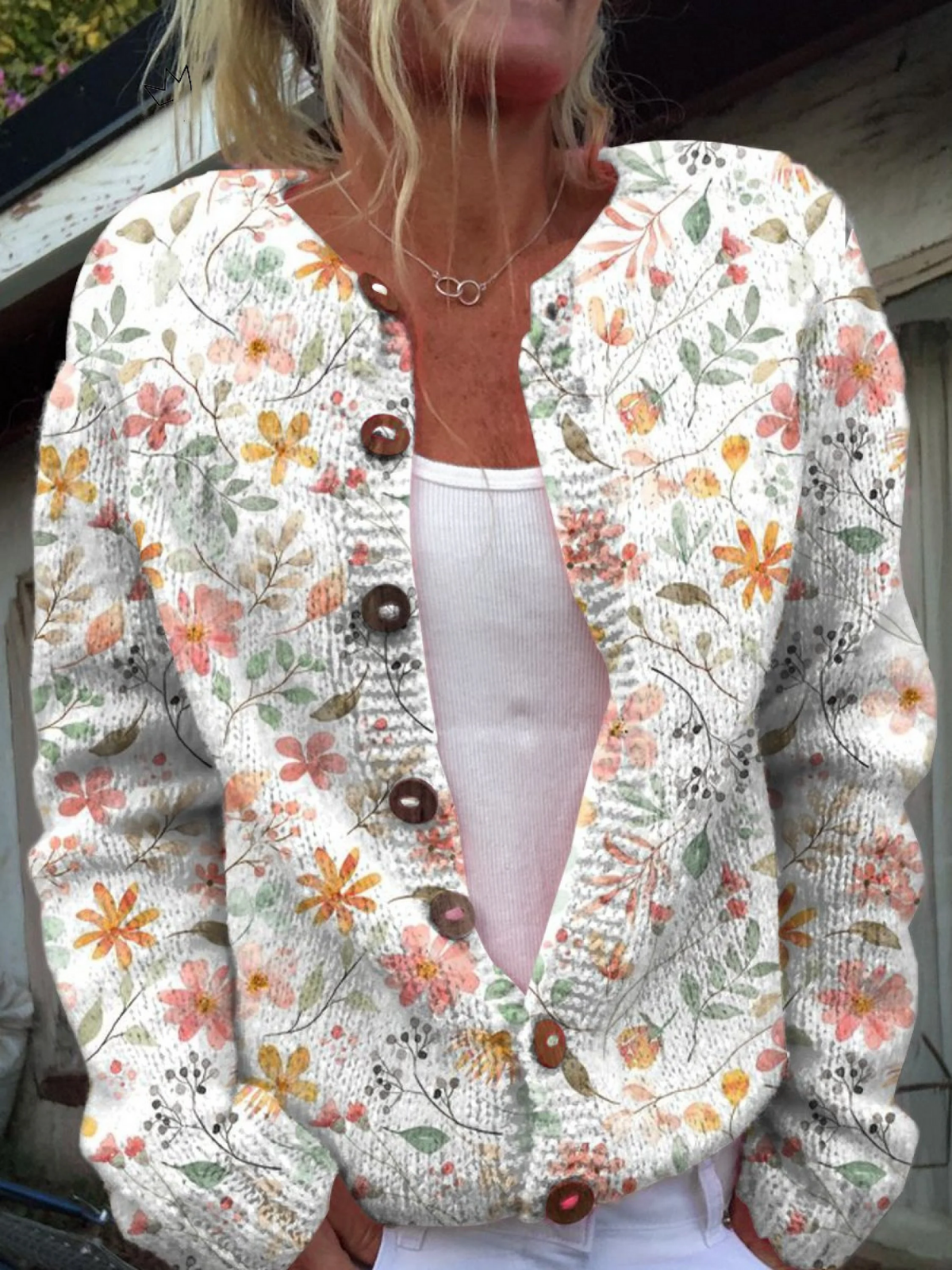 Cárdigan Abotonado Estampado de Flores Pequeñas