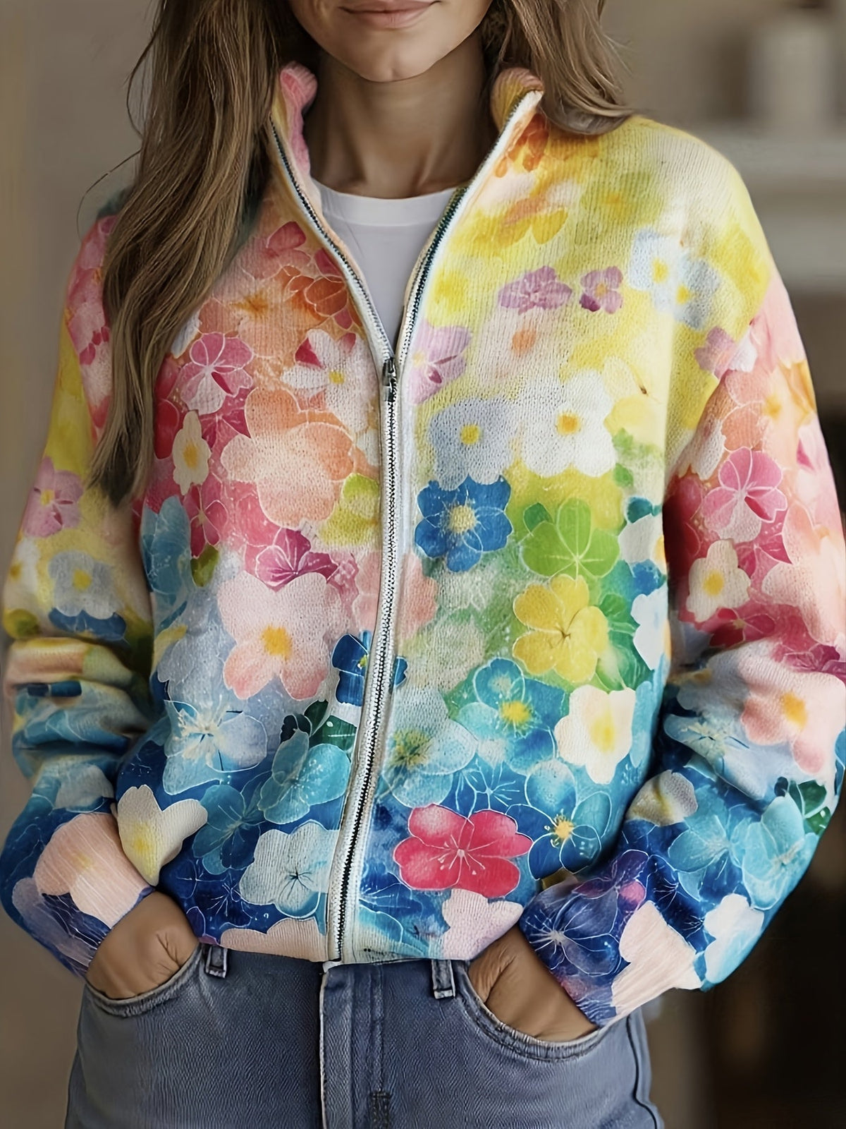 Augusta - Cardigan con Zip Fiori Sfumati