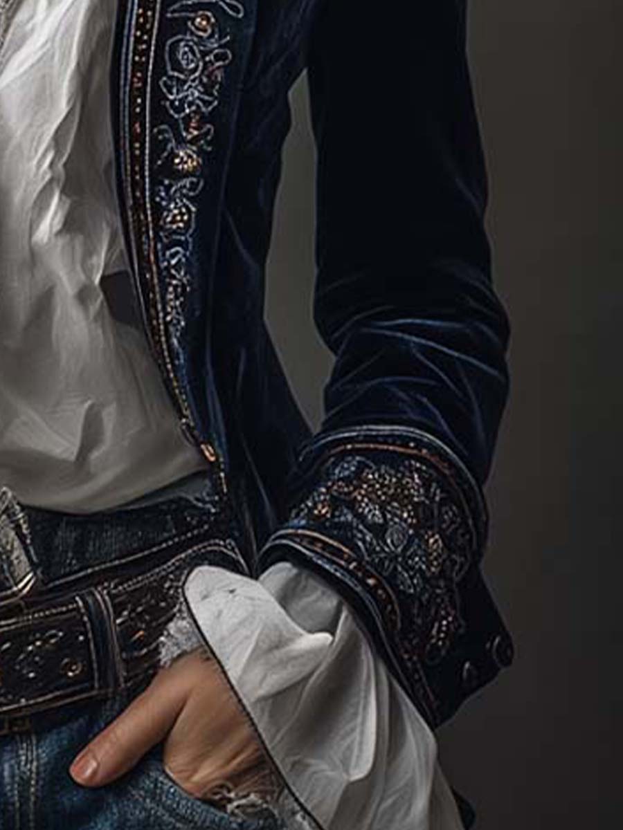Blazer Longline Ricamata Vintage Blu Navy
