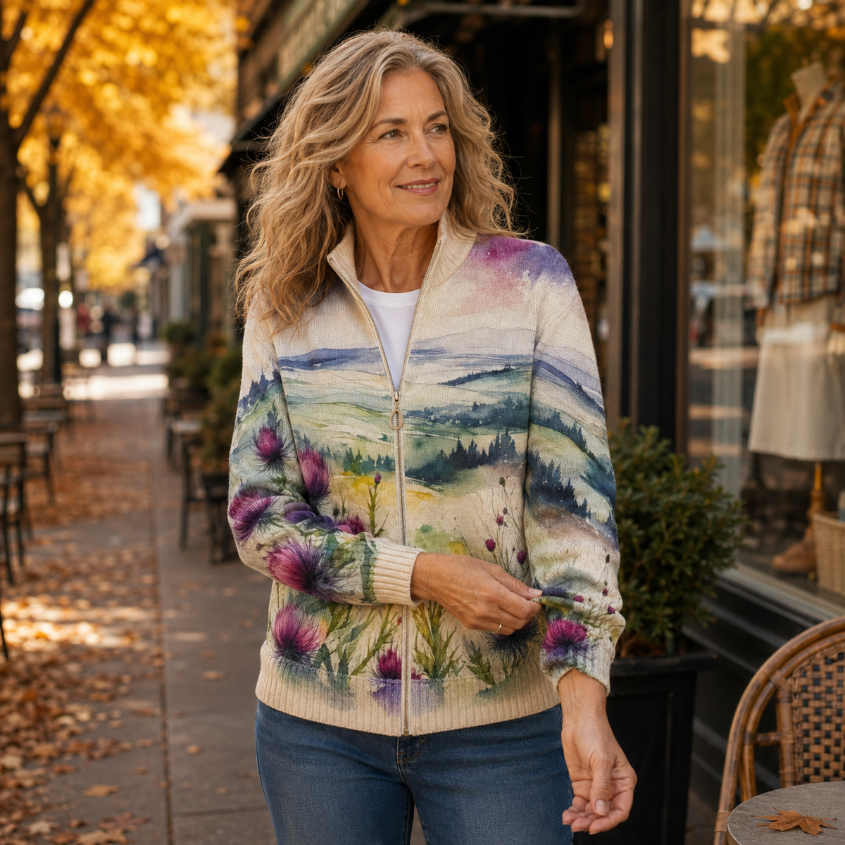 Zelda - Cardigan con Zip Paesaggio di Cardi Scozzesi