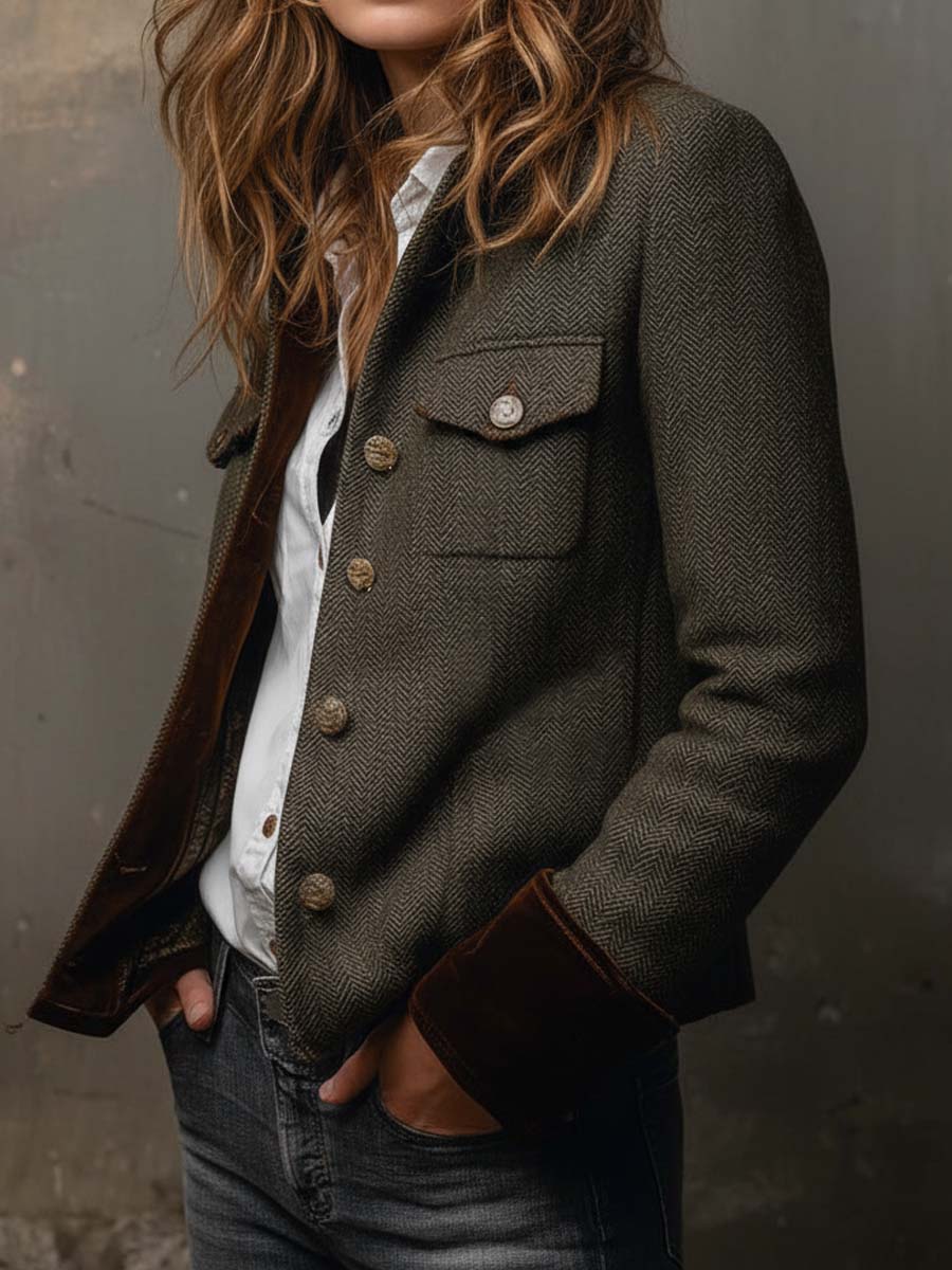 Blazer Uomo Herringbone con Dettagli a Contrasto