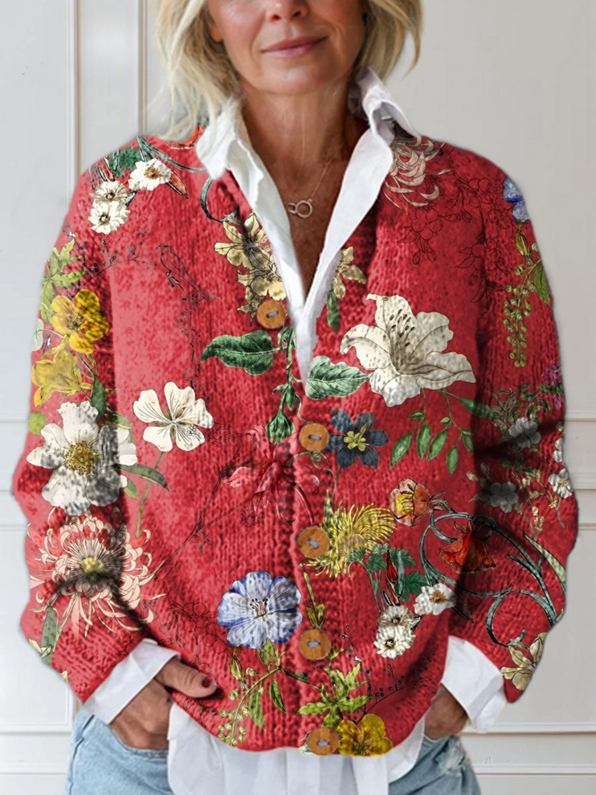 Cárdigan Abotonado Estampado Floral Vintage