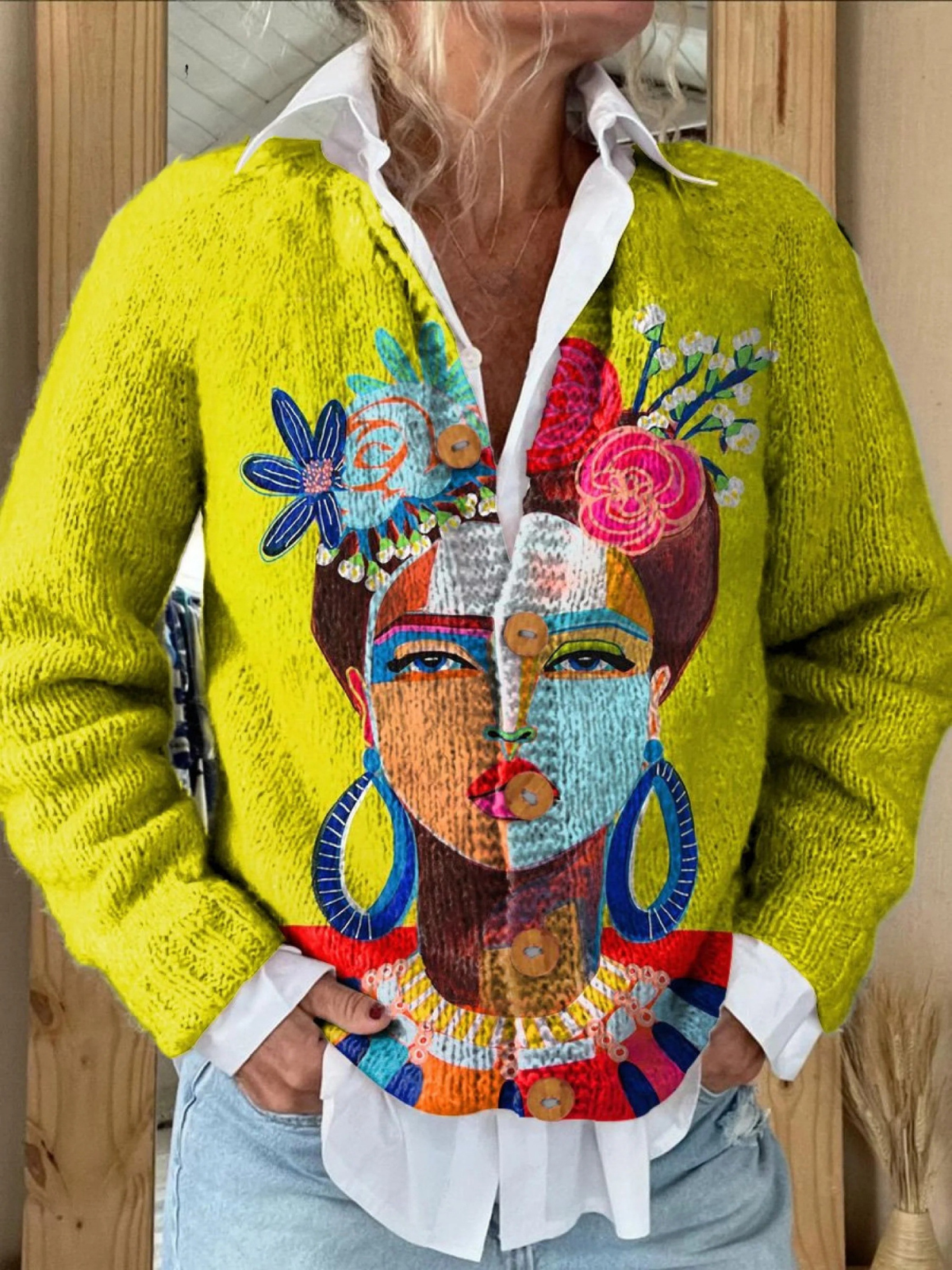 Cárdigan Abotonado Estampado Artístico de Retrato Pintado