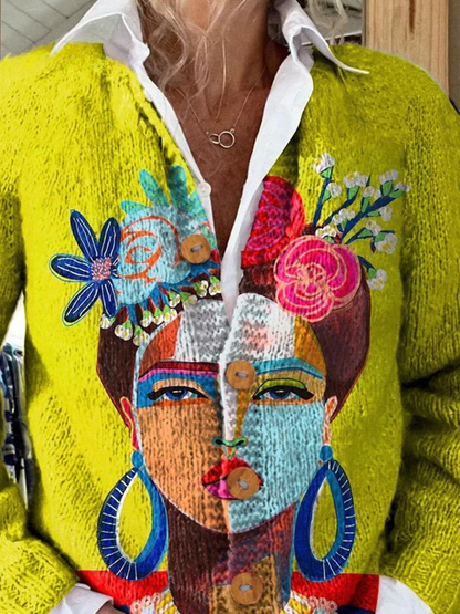 Cárdigan Abotonado Estampado Artístico de Retrato Pintado