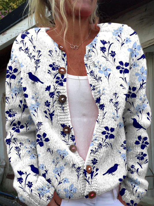 Cárdigan Abotonado Estampado de Flores Vintage