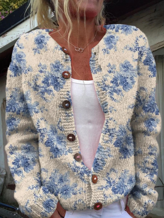 Cárdigan Abotonado Estampado Floral Artístico