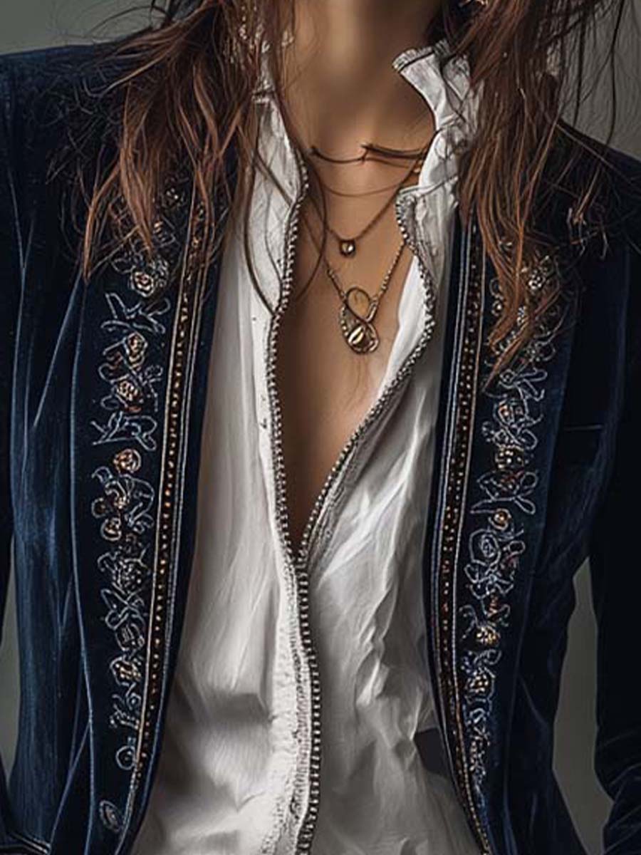 Blazer Longline Ricamata Vintage Blu Navy
