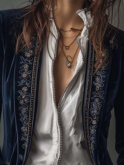 Blazer Longline Ricamata Vintage Blu Navy