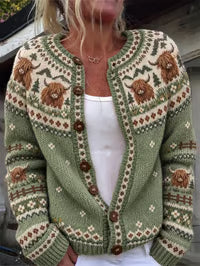 Carola Cardigan a Maglia Abbottonato con Mucche Highland