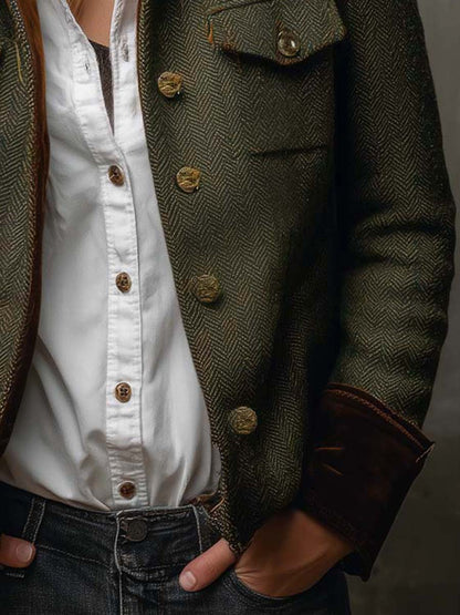 Blazer Uomo Herringbone con Dettagli a Contrasto