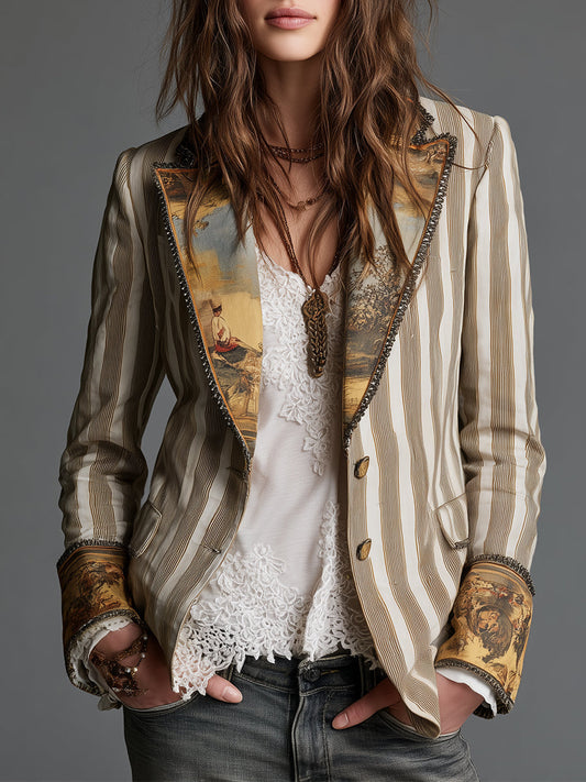 Blazer Boho a Righe con Revers Stampato