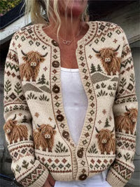 Aurora Cardigan a Maglia Invernale con Mucche Highland