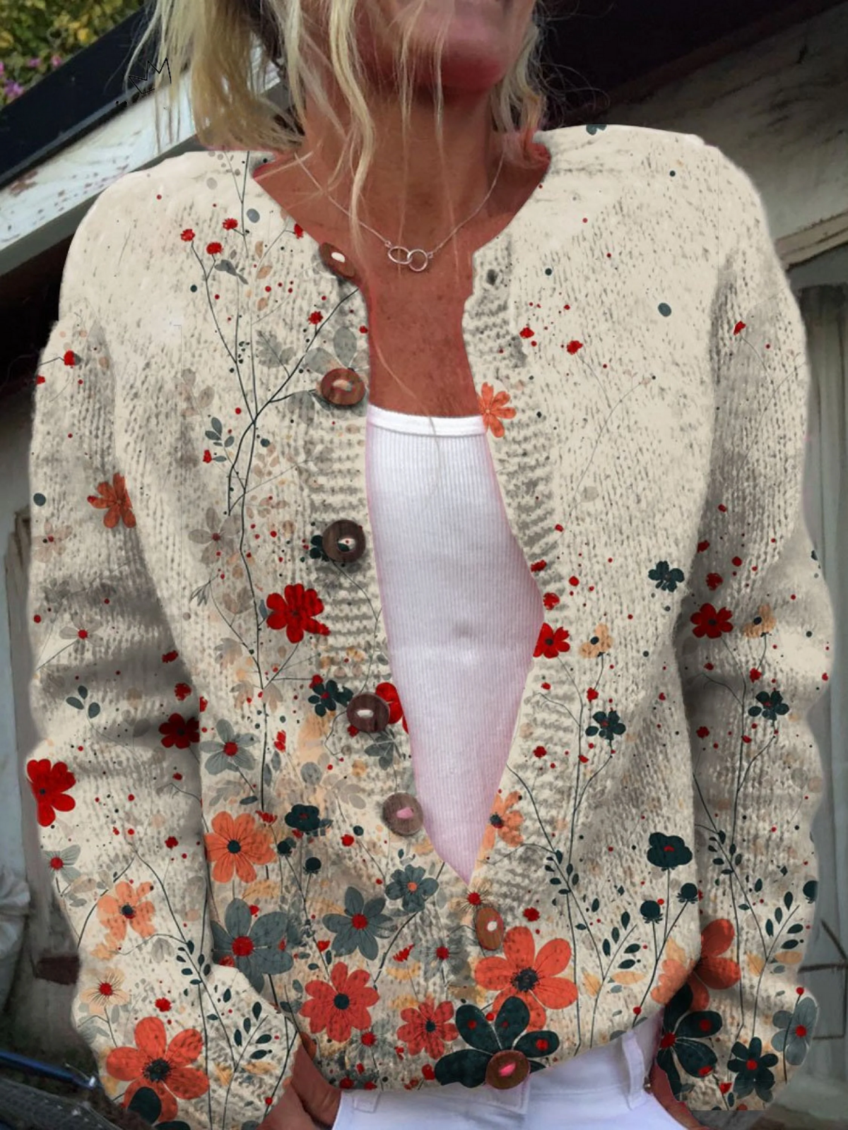 Cárdigan Abotonado Estampado de Flores Vintage