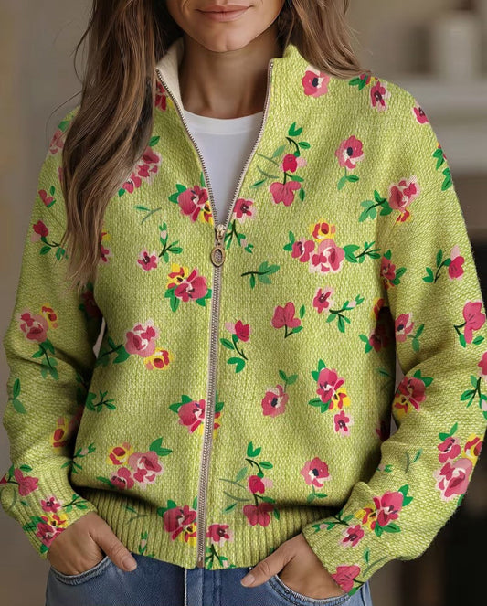Constance - Cardigan con Zip Fiori su Verde Lime