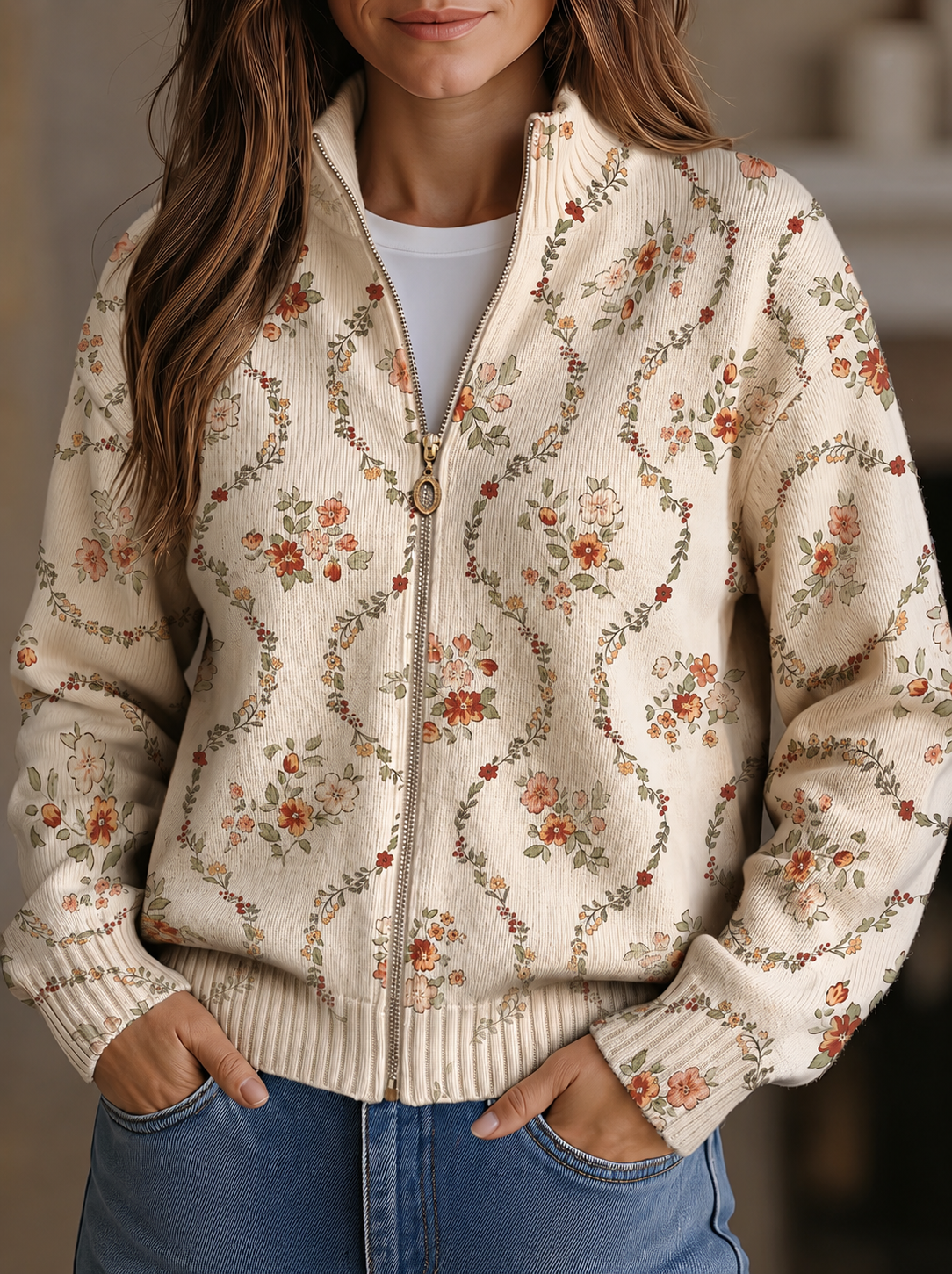 Persephone - Cardigan con Zip Fiori Delicati