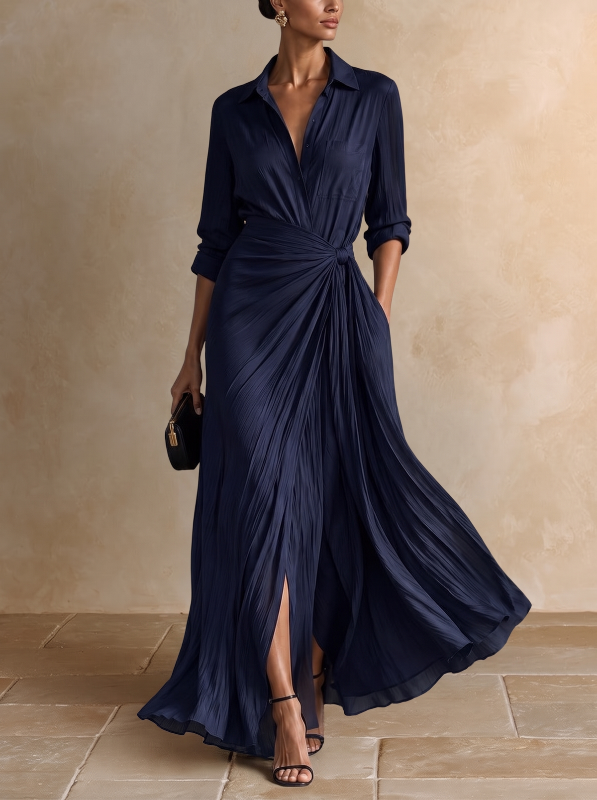 Gabriella - Elegante abito camicia maxi blu navy annodato