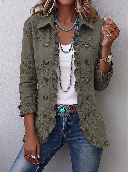Blazer Boho Chic Floreale Verde Retrò con Rouches