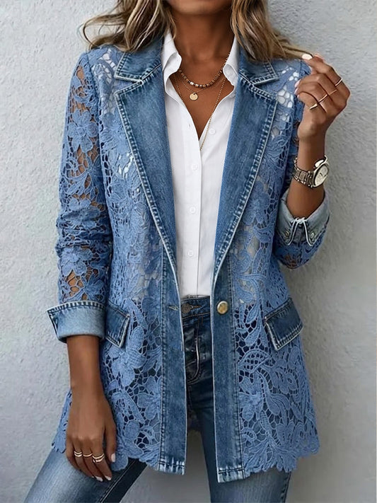 Blazer in Pizzo Floreale Blu Denim