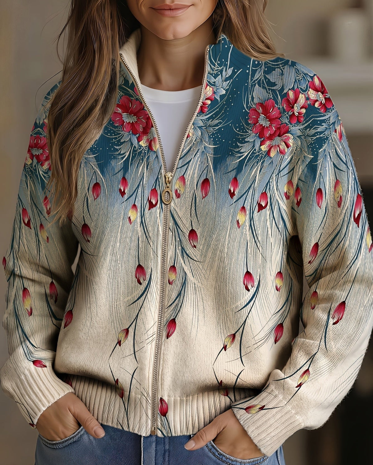 Zillah - Cardigan con Zip Piume di Pavone Fiorite